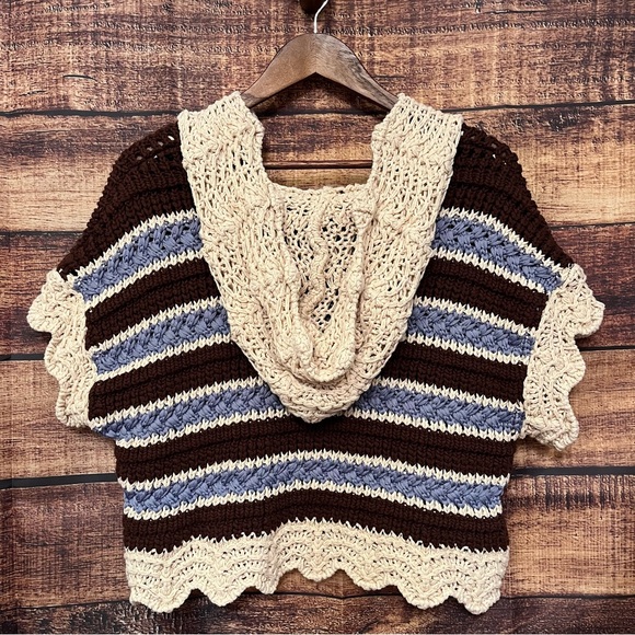 (Flawed) Zara Striped Crochet Knit Top Brown/Blue Cream Hooded Size Small - Picture 9 of 10